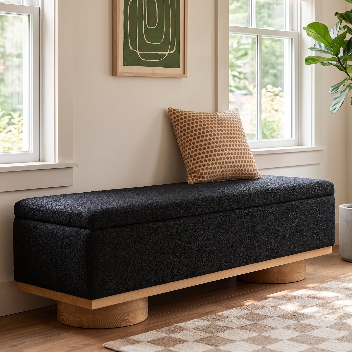 Morje 61" Linen Entryway Bench, Black Boucle, Natural