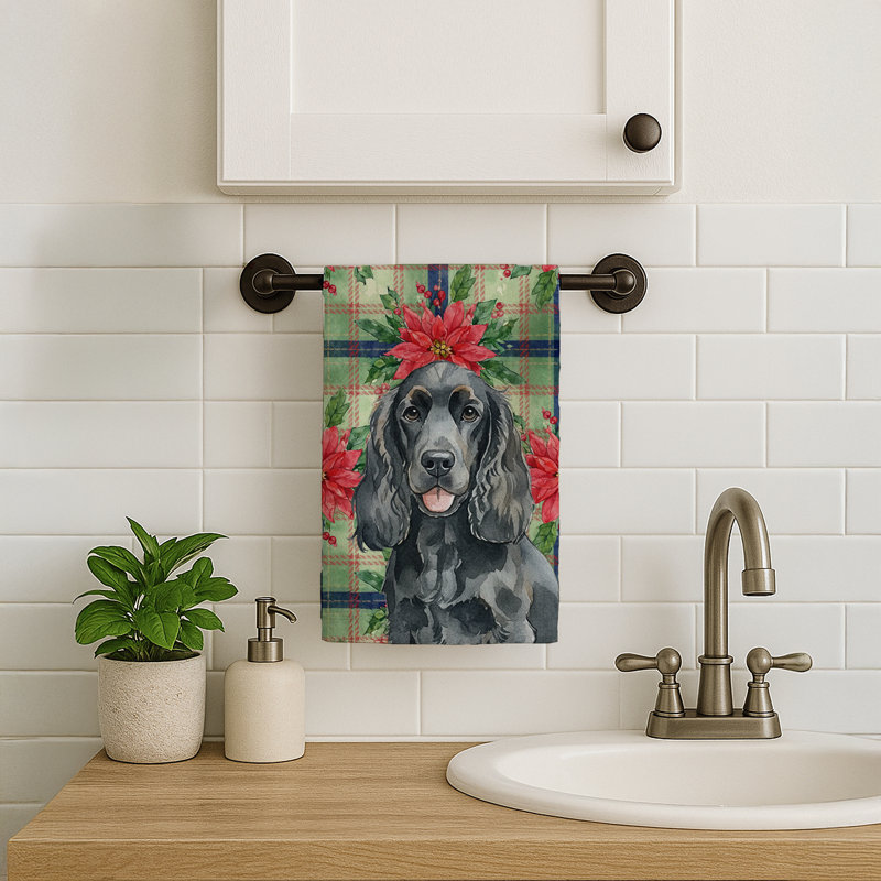 Black Cocker Spaniel Christmas PoinsettIas Kitchen Towel, Black Cocker Spaniel
