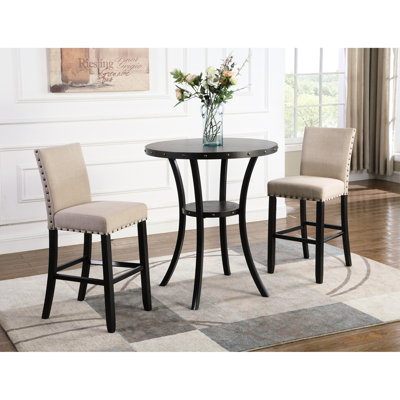 Wood 3 Table , 36" Round With 2 Tan Fabric Chairs, Configuration Pub Metal And