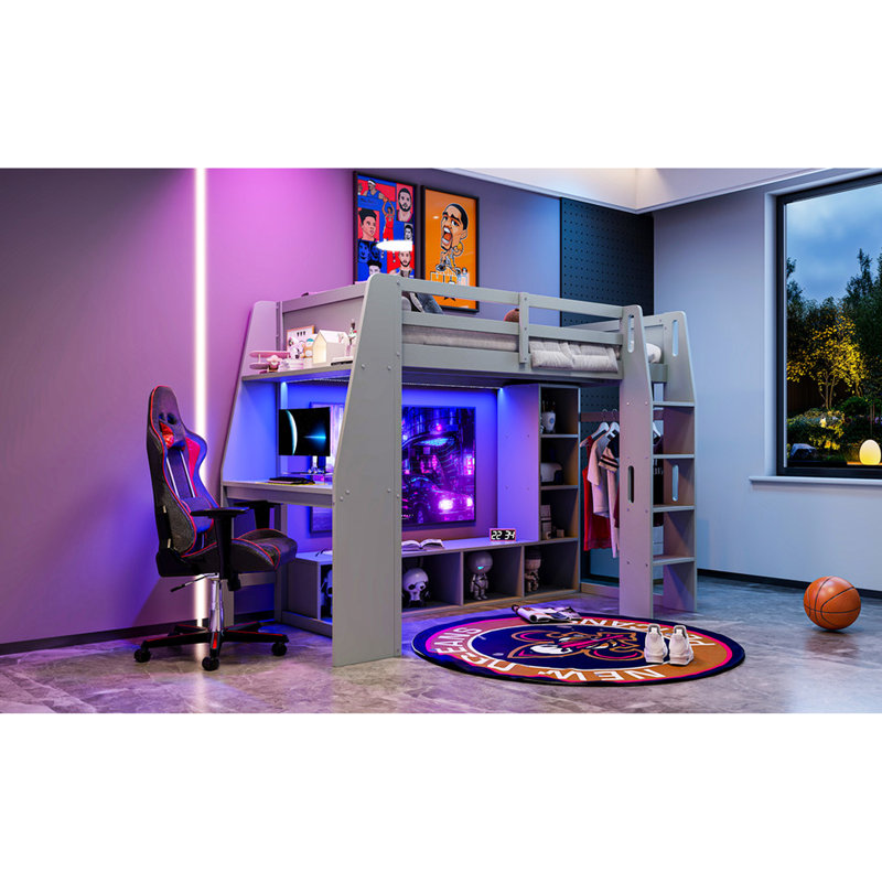 Lit mezzanine simple en bois avec bureau, DEL, tablettes multiples et support suspendu, barre à vêtements grise, Twin 