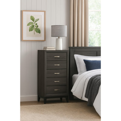 Erica Tall Dresser Chest, 5 Drawers, Gray Wood Finish, Metal Handles by Benjara