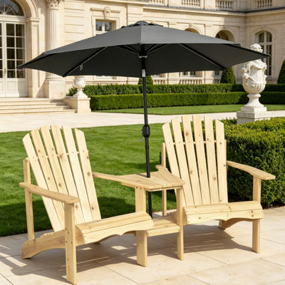 Outsunny Wooden Adirondack Chair for Two, Outdoor Fire Pit Chair Set with Table & Umbrella Hole, Patio Chairs for Deck Lawn Pool Backyard, Natura