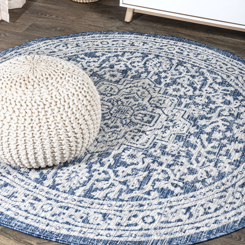 Moten Medallion Textured Weave Navy/Gray Indoor/Outdoor Rug, Round 7'9"