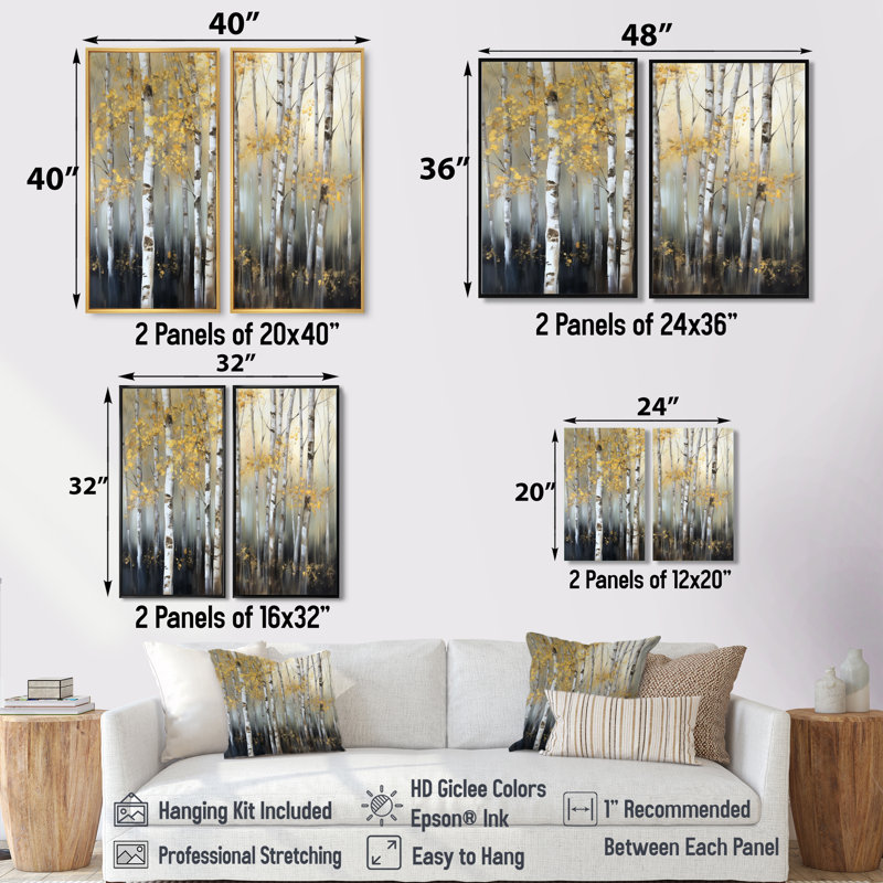 Birch Tree Dense Forest I - Paysages, art mural sur toile, 2 pièces, H 20 po x l 24 po, Impression encadrée flottante, Doré