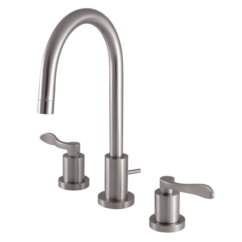Kingston Brass Two-Handle 3-Hole Deck Mount Widespread Bathroom Faucet with Brass Pop-Up Drain, Brushed Nickel