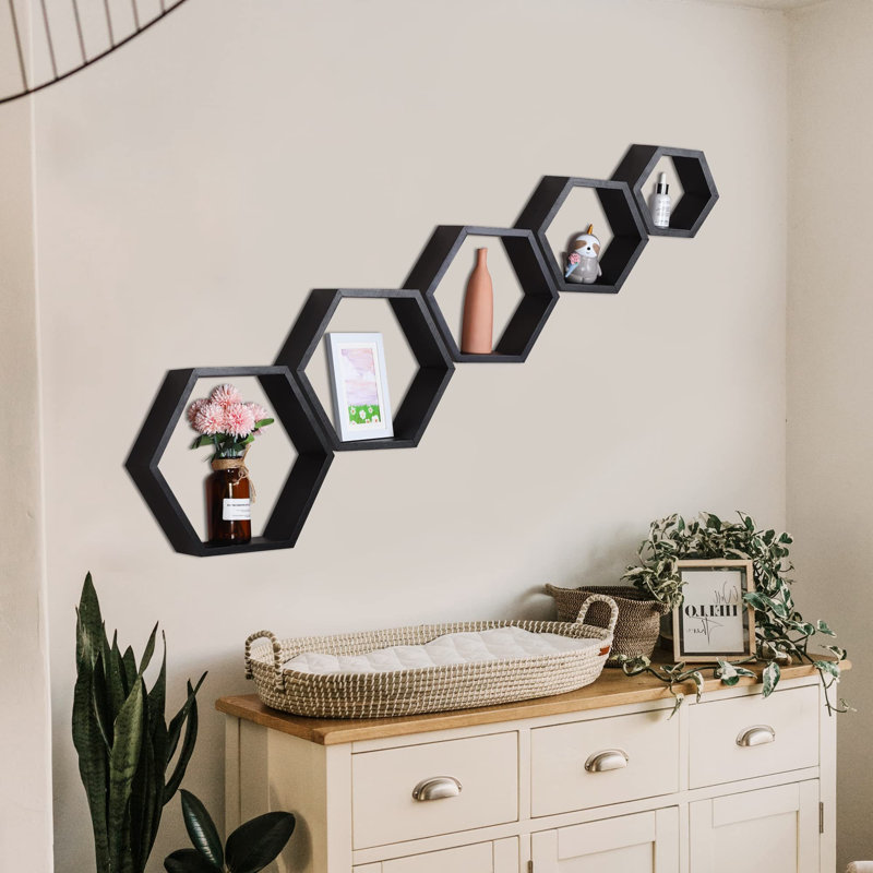 Roshonda Hexagon Wood Floating Shelf, Black