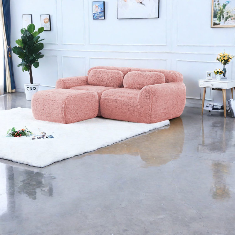 Canapé modulaire moelleux avec méridienne et coussins décoratifs, rose