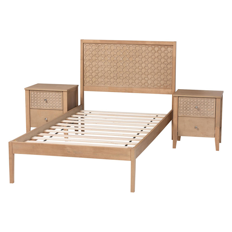 Baxton Studio Hamisi Twin 3-Piece Bedroom Set - Modern Wood Bed Frame with Matching Nightstands, Decorative Laser-Cut Headboard Overlay, Oak Brown