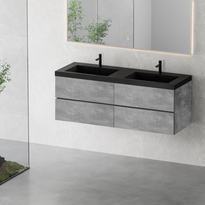 Meuble-lavabo flottant de 60 po avec lavabo, armoire murale avec deux lavabos en quartz noir et quatre tiroirs