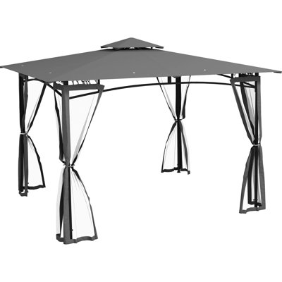 10' X 12' Gazebo With Netting, Double Roof Shelter For Garden, Lawn, Backyard, Deck, Metal Frame, Dark Gray Braising Tying