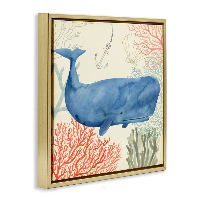 Aquarelle de baleine fantaisiste sous l'eau, H 25 po x l 25 po, Cadre flottant métallique doré