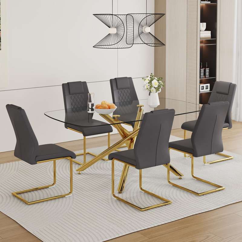 Ensemble de table de salle à manger 71 "en verre pour 6, ensemble de table et chaises de cuisine 7 pièces, pour le salon, petit espace (inclure 6 chaises grises)