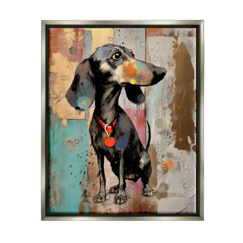 Teckel, collage moderne, impression sur bois, Cadre flottant gris lustré, H 20 po x l 16 po x P 1,7 po