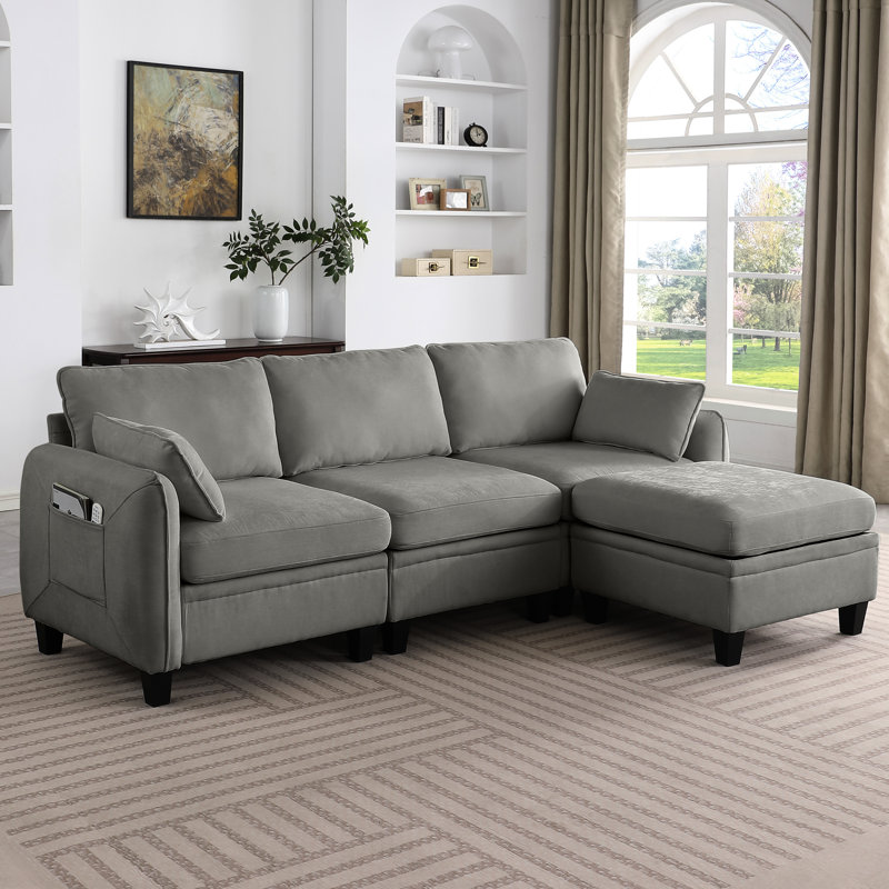 Gris foncé, 85 pouces, chenille, modulaire, en forme de L, modulaire, rangement, adaptable, salon, mousse à mémoire de forme, polyvalent moderne et minimaliste, 4 sièges, mi-doux, dossier divisé, accoudoirs carrés modulaires