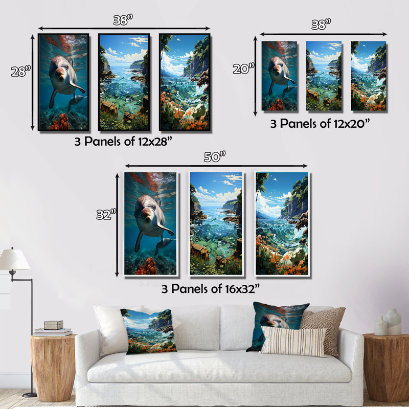 «Dolphin Serene Swim», 3 pièces sur toile, Encadrement doré, H 28 po x l 36 po