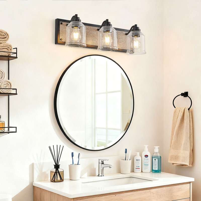 Franchelle Farmhouse Vanity Lighting, Black Wall Sconce With Clear-Seeded Glass Shades, Moisture-Resistant Iron Back Panel
