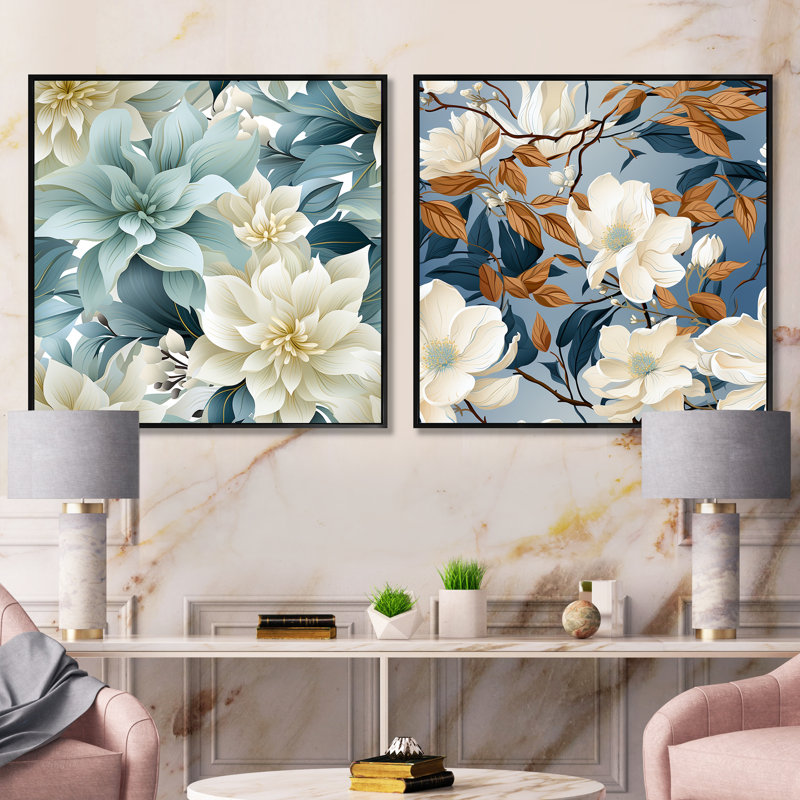 Lisandro - Ensemble de 2 collages carrés floraux, Cadre flottant noir, H 30 po x l 61 po