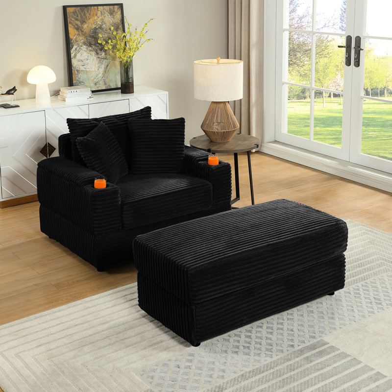 Canapé 1 place en velours côtelé avec coussins décoratifs pour salon, assise profonde ultra confortable, velours côtelé doux, ressorts haute résilience, structure de soutien, conception ergonomique en nuage, montage facile, noir