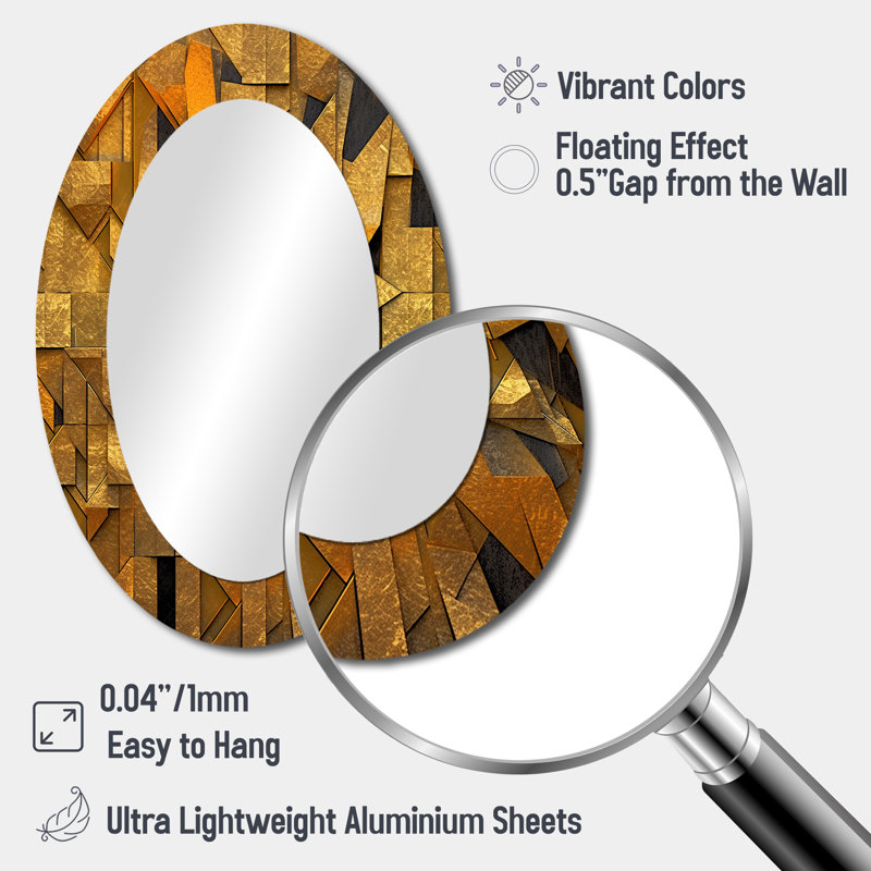 Gold Black Fractal Tide VI - Fractals Decorative Wall Mirror, Gold Large Mirror, Printed Metal Art, 36" x 24", Oval