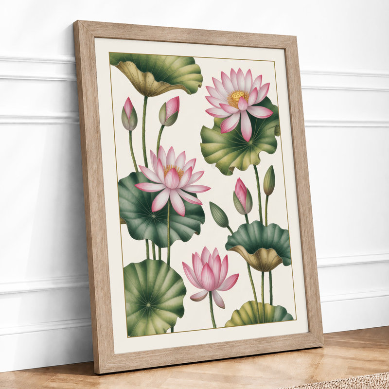 Pink Water Lilies Botanical - Framed Print, A1 - 84.1 x 59.4 cm, Oak