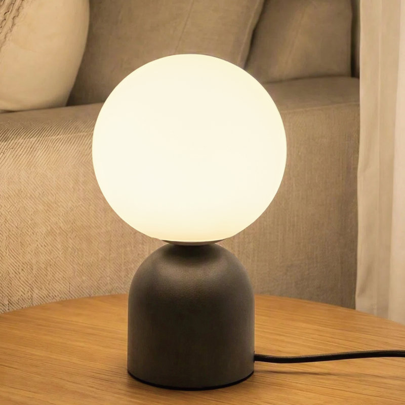 Lampe de table en bois massif de 25 cm de hauteur avec abat-jour globe en verre opale de 15 cm, intensité variable en continu de 0 à 100 %, douille E12, homologuée UL