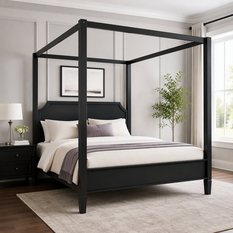 Lit plateforme à baldaquin en bois avec tête de lit et pieds de support, Grand lit, Noir