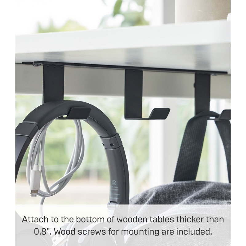 Black Steel Under-Desk Hanger with Wooden Hooks