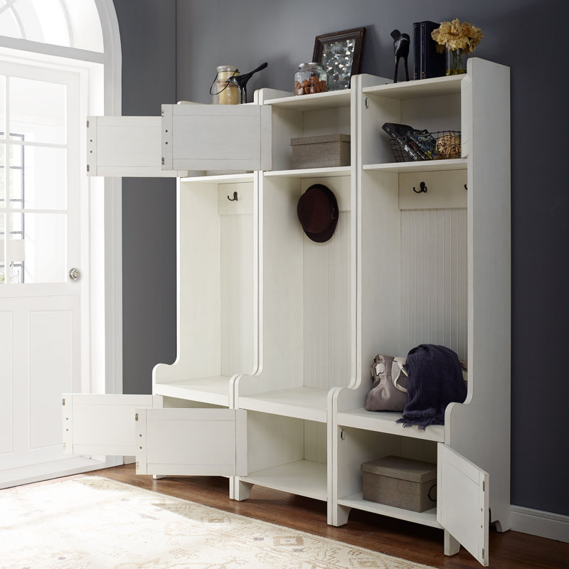Jones Street Hall Tree 66.38'' Wide with Shoe Storage, Distressed White
