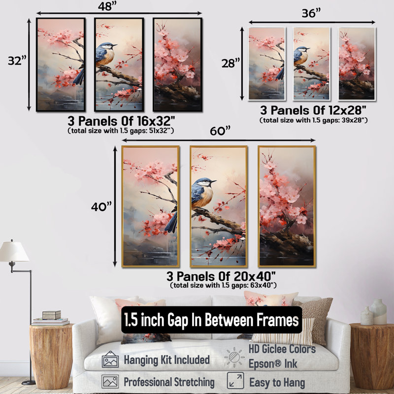 Vol de cerisier japonais en fleur I - Art mural oiseau, Cadre flottant noir, H 40 po x l 61 po