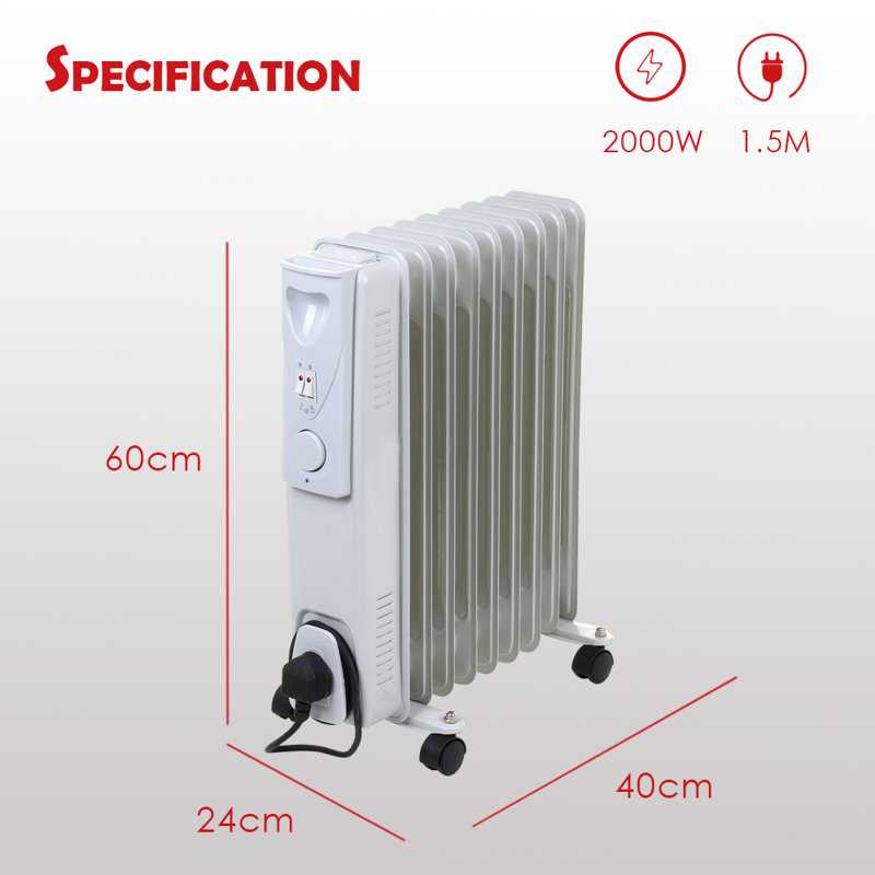Axton 9 Fin 2000W Oil Filled Radiator Portable Electric Heater  with Thermostat, White
