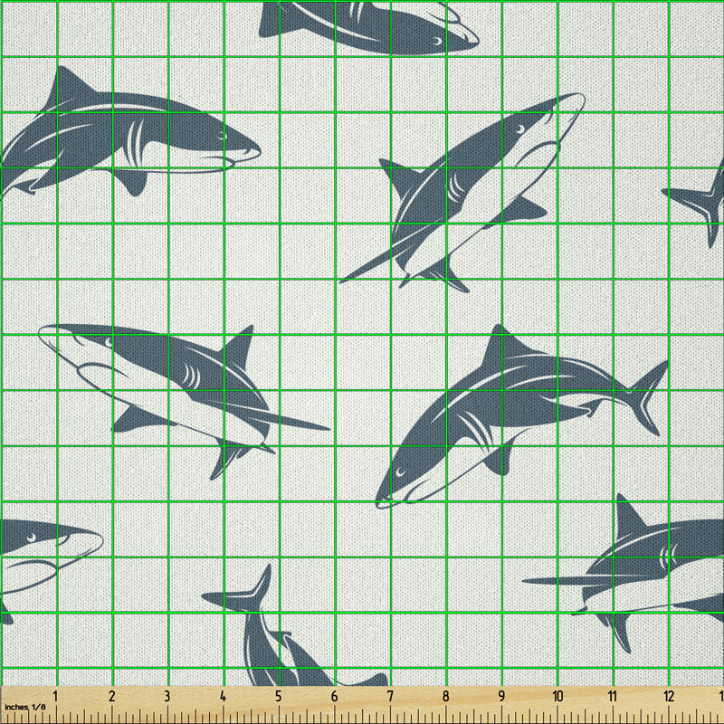 Daisy-Rose Repeated Cartoon Sharks Swimming to Different Directions Pattern Fabric