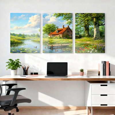 «Countryside Cottage with River and Flowers», ensemble de 3 reproductions d'art sur toile tendues sur toile