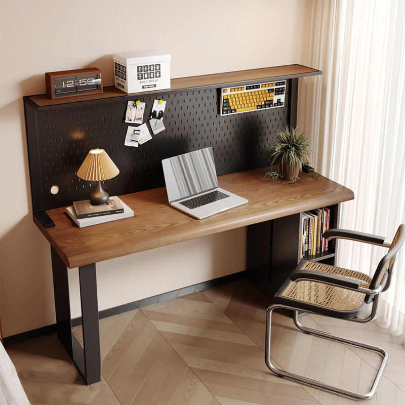 Bureau rectangulaire brun et noir en bois massif, 29.53" H x 62.99" W x 23.62" D