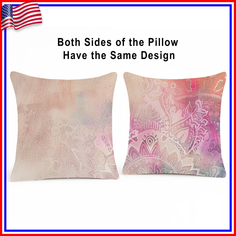 Coussin Mandala, coussins abstraits à double face, Carré 16 po , Motif cachemire rose