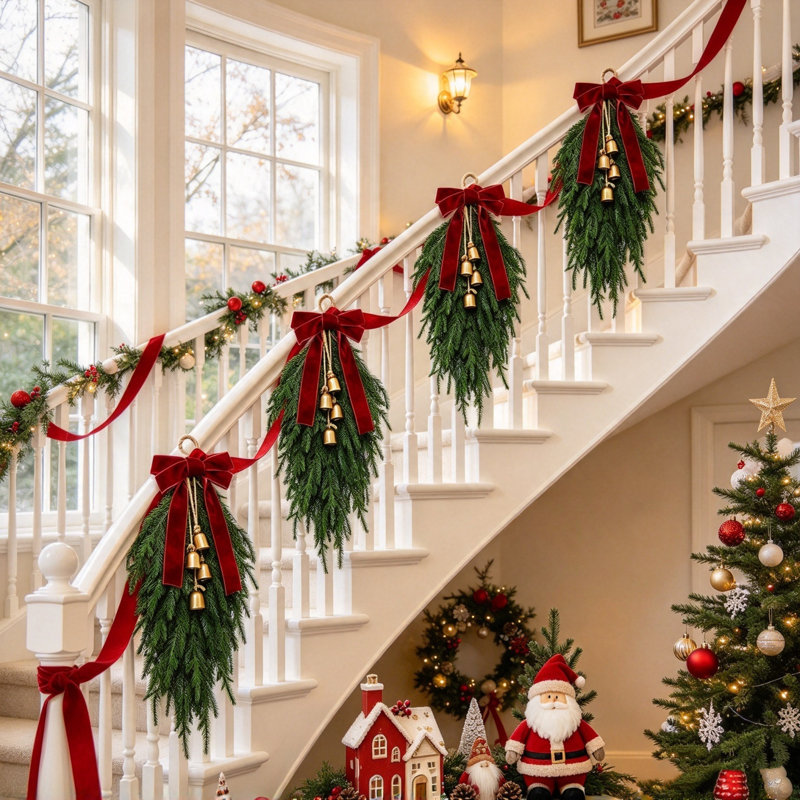 Guirlande de Noël en forme de larme, couronne de porte d'entrée en aiguilles de pin avec nœud et clochettes, verdure artificielle hivernale pour porte d'entrée, mur, fenêtre, décoration de Noël