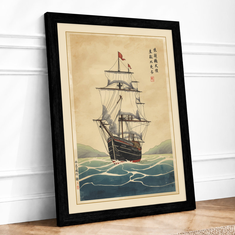 Sailing Ship At Seas Japandi - Print, A2 - 59.4 x 42.0 cm, Black