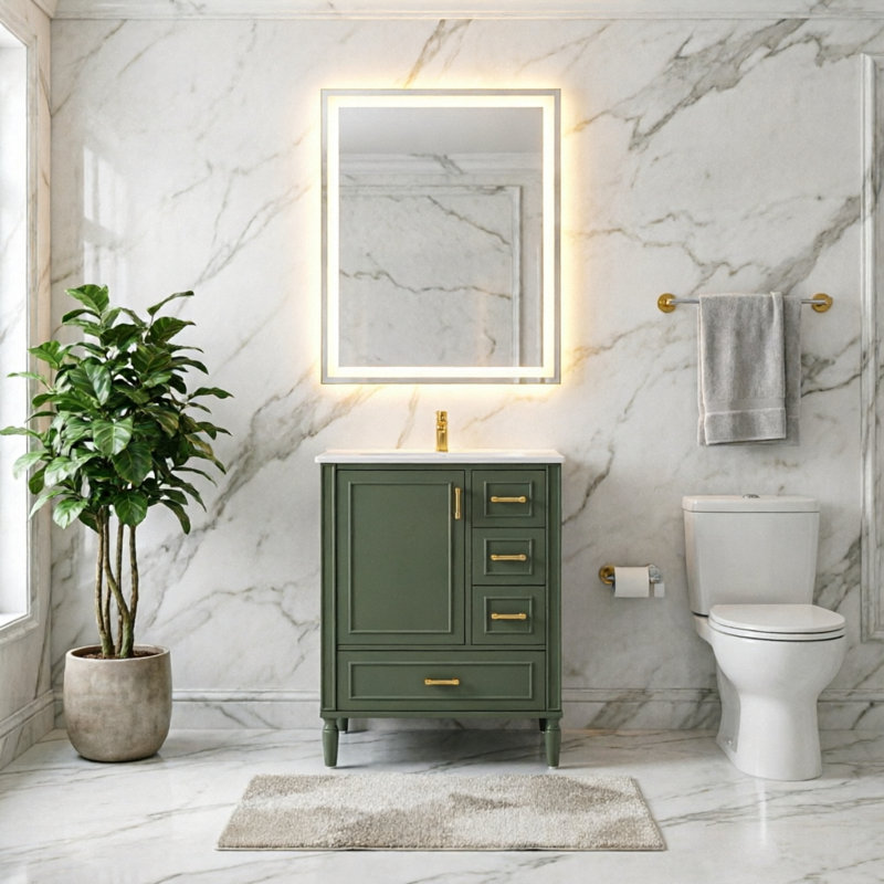 Meuble-lavabo moderne de 61 cm (24 po) avec lavabo en céramique, portes à fermeture amortie, 3 tiroirs, poignées dorées, fini peint vert olive.