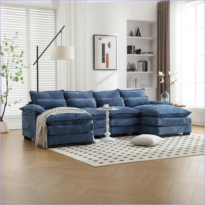 Canapé modulaire, grand canapé en chenille moderne en U pour le salon | Bleu marine | Chenille