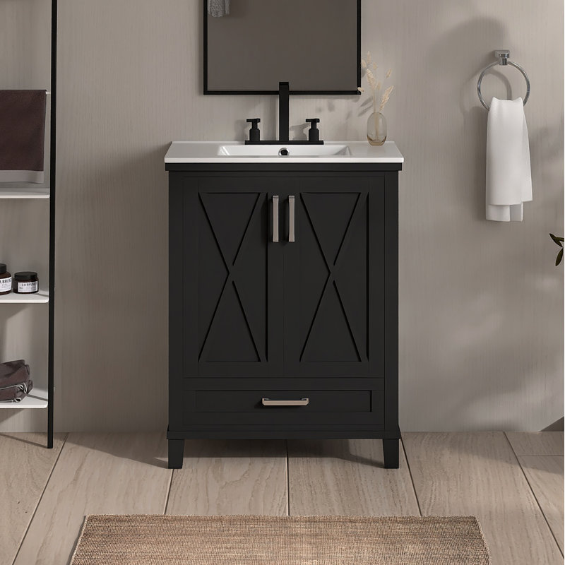 Meuble-lavabo simple 24 po avec comptoir en céramique 24 po, Noir, Nickel