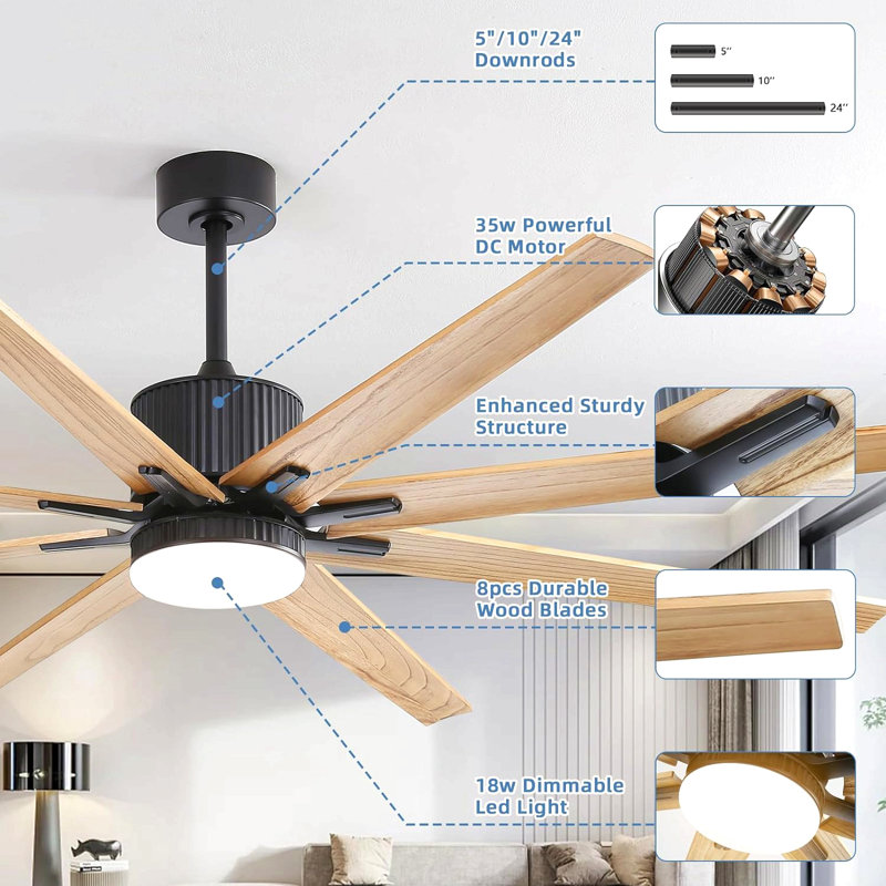 76 Inch Ceiling Fan With Lights Remote Control 8 Solid Wood Blades With 18W Dimmable Led Light