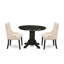 L'ensemble de 3 tables de salle à manger modernes comprend une table de cuisine ronde avec piédestal et 2 chaises de salle à manger Parson en tissu beige clair, noir-32922159-84760773-84760772