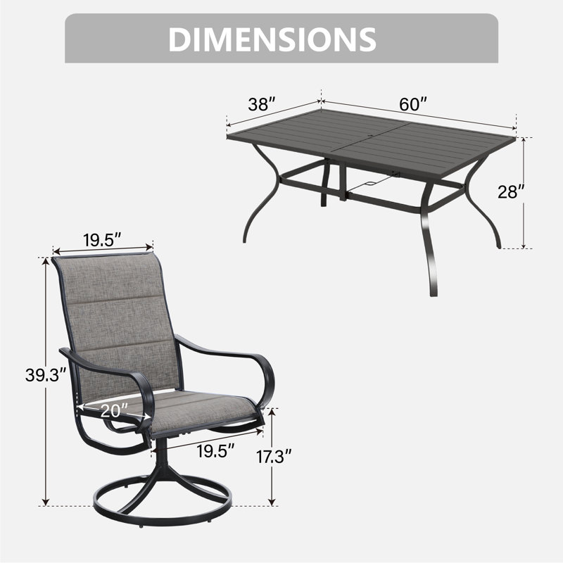 Ensemble de salle à manger rectangulaire en métal pour 6 personnes avec parasol, Marine