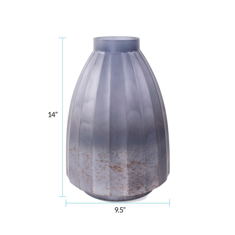 Cool Ice Blue Ribbed Cylindrical Vessel, 14" H x 9.5" W x 9.5" D