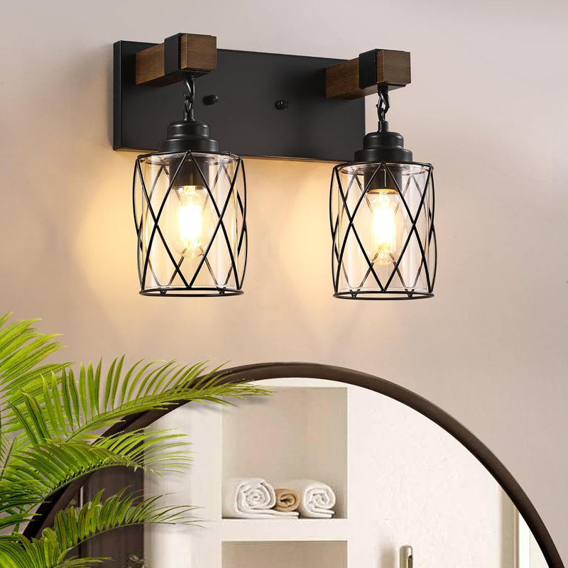 Farmhouse Bathroom Light Fixtures, Bathroom Vanity Light With Metal And Glass Lampshade, Wood Rustic Lighting Fixtures Over Mirror, Black Wall Sconces For Living Room, Bedroom