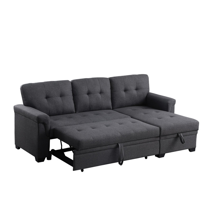 Dark Gray Linen Sectional With Reversible Sleeper, Storage Chaise, Medium Firmness Plump Stitching, 54" Deep
