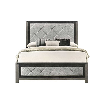 Grand lit avec finition et lin gris - tête et pieds rembourrés, style rembourré, support à 4 lattes, structure en bois, capacité de poids de 660 lb, sommier tapissier requis, Fb, look, pieds de soutien,
