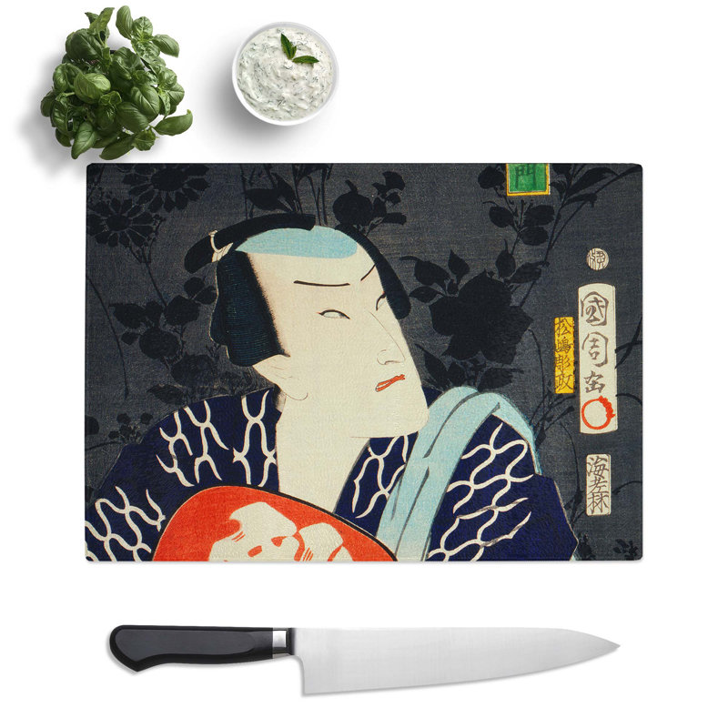 Tempered Glass Man with a Fan by Toyohara Kunichika Chopping Board, 39 cm x 28.5 cm