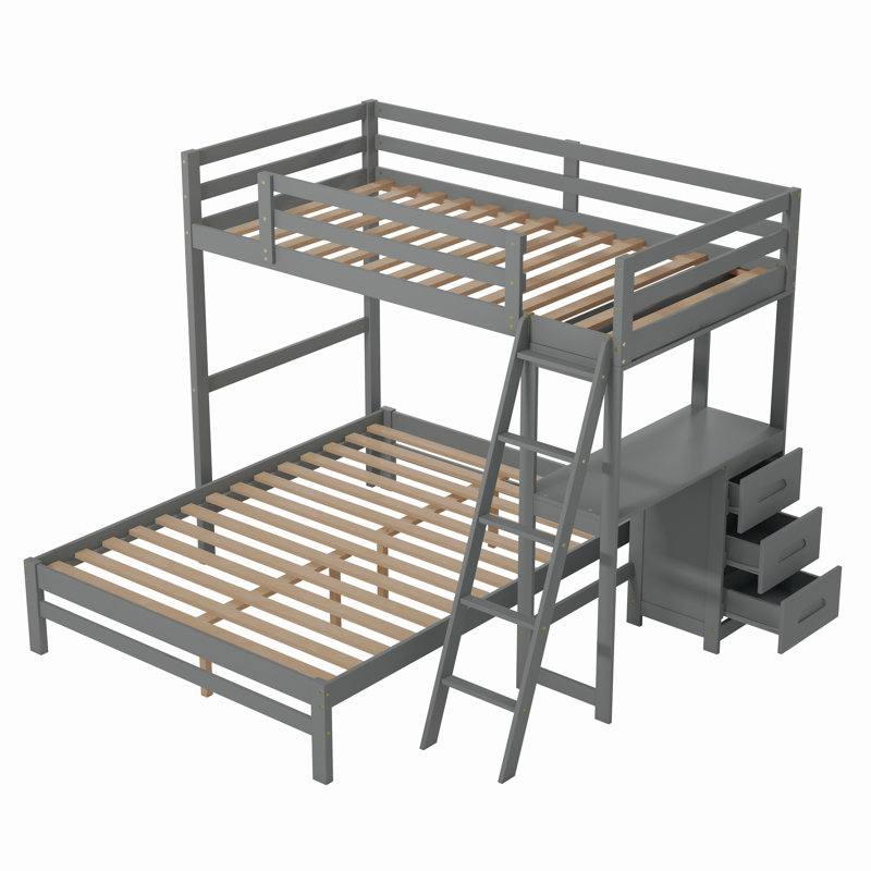 Gurseerat Twin Over Full 3 Drawer Standard Bunk Bed with Built-in-Desk by Harriet Bee, Gray