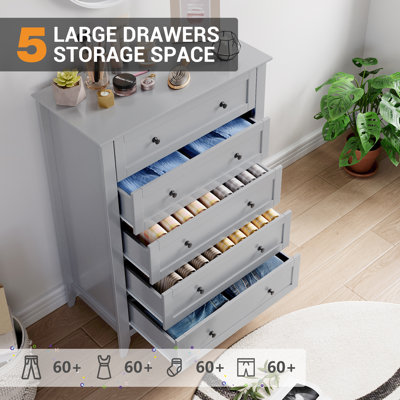 5-Drawer Tall Dresser with Deep Drawers & Metal Knobs, Modern Wood Chest