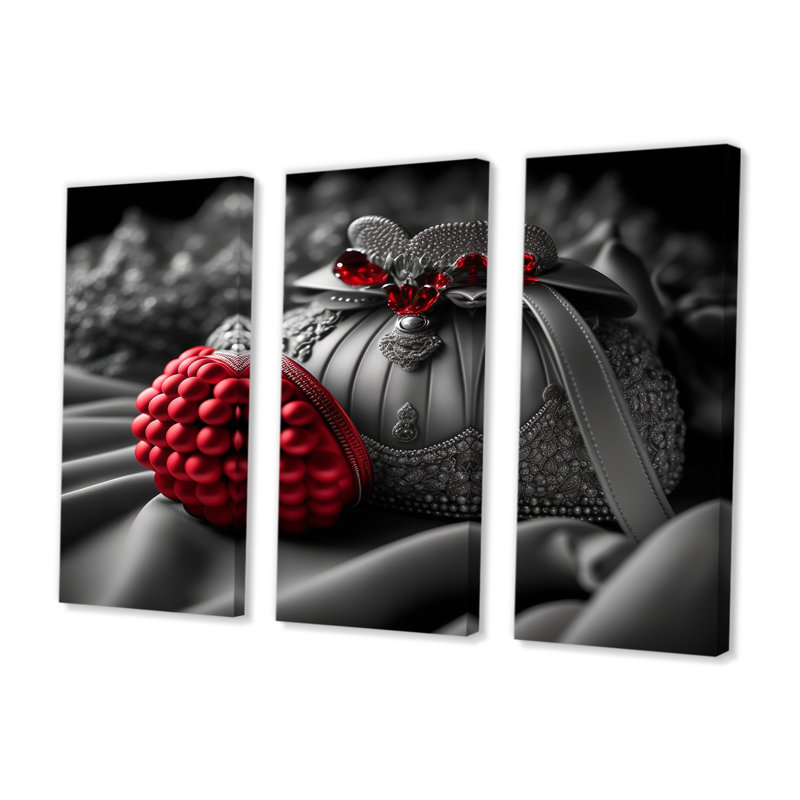 Accessoires rétro vintage en rouge et noir - impression sur toile 3 pièces, H 20 po x l 36 po x P 1 po, Toile tendue